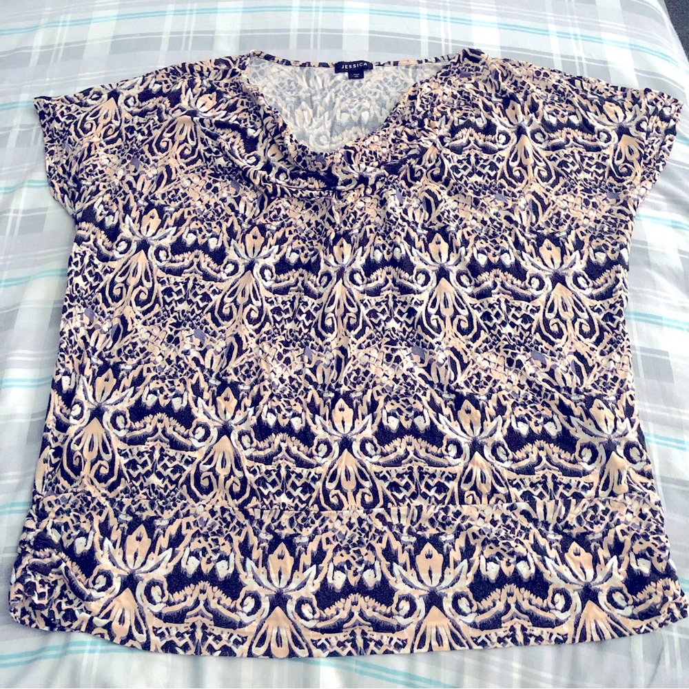 Jessica Plus Size Stretchy Short Sleeve T-Shirt Draping Neckline Abstract Print